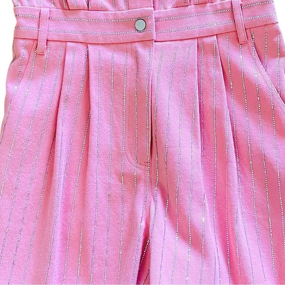 NEW blue b Light Pink Allover Rhinestone Pinstripe Raw Edge Denim Jean Romper S - Picture 4 of 6